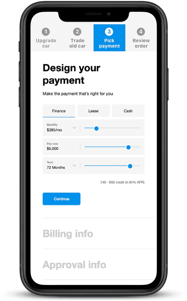 Smartphone screen showing Design Your Payment tool