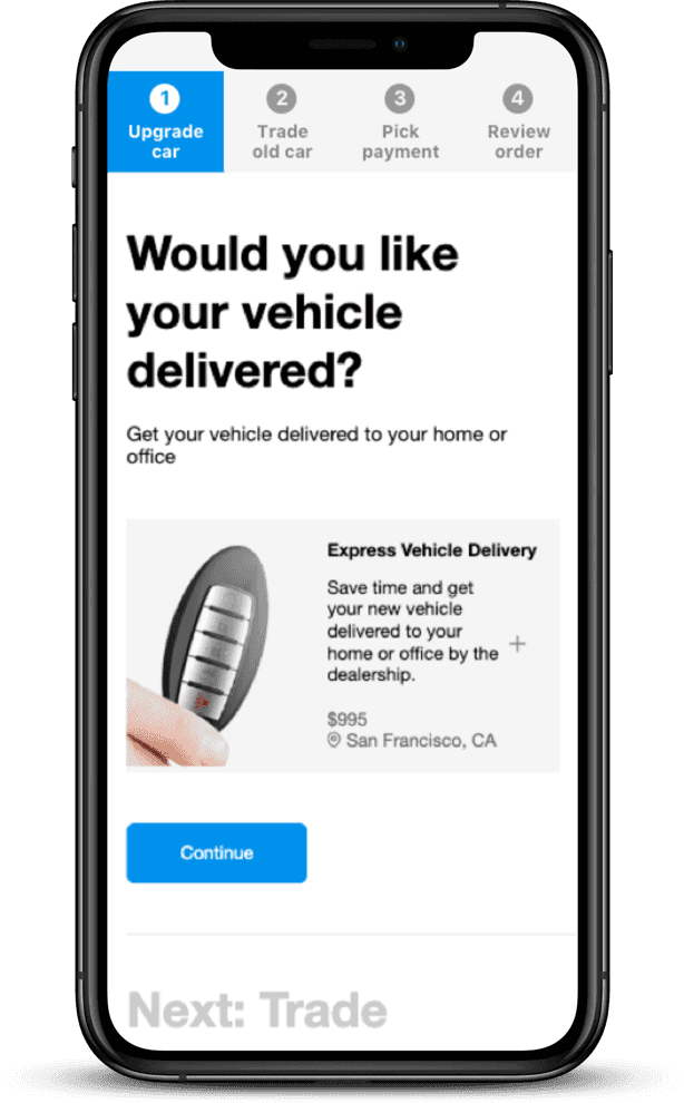 Smartphone screen showing vehicle home delivery option