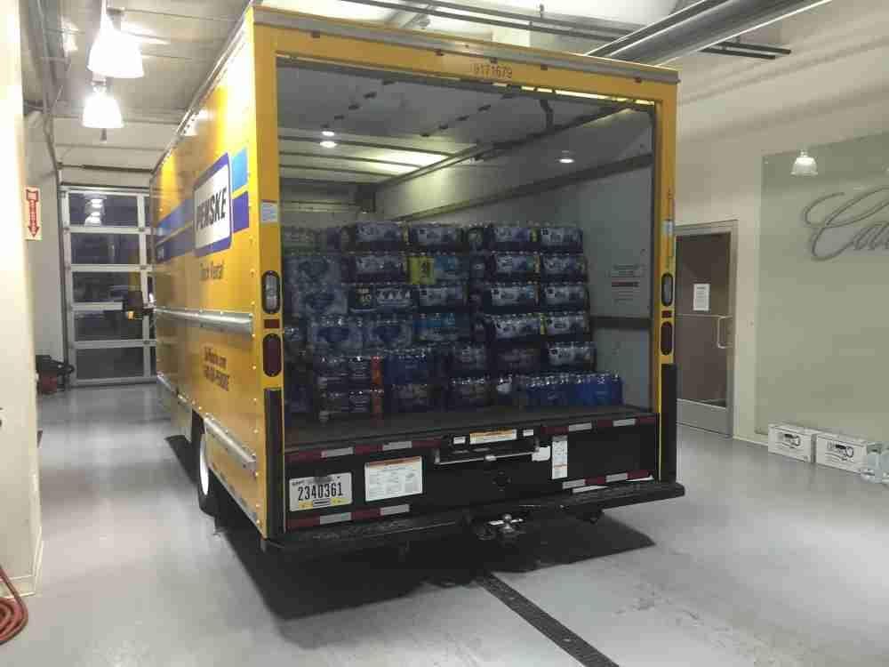 Penske moving Truck filled with cases of bottled water