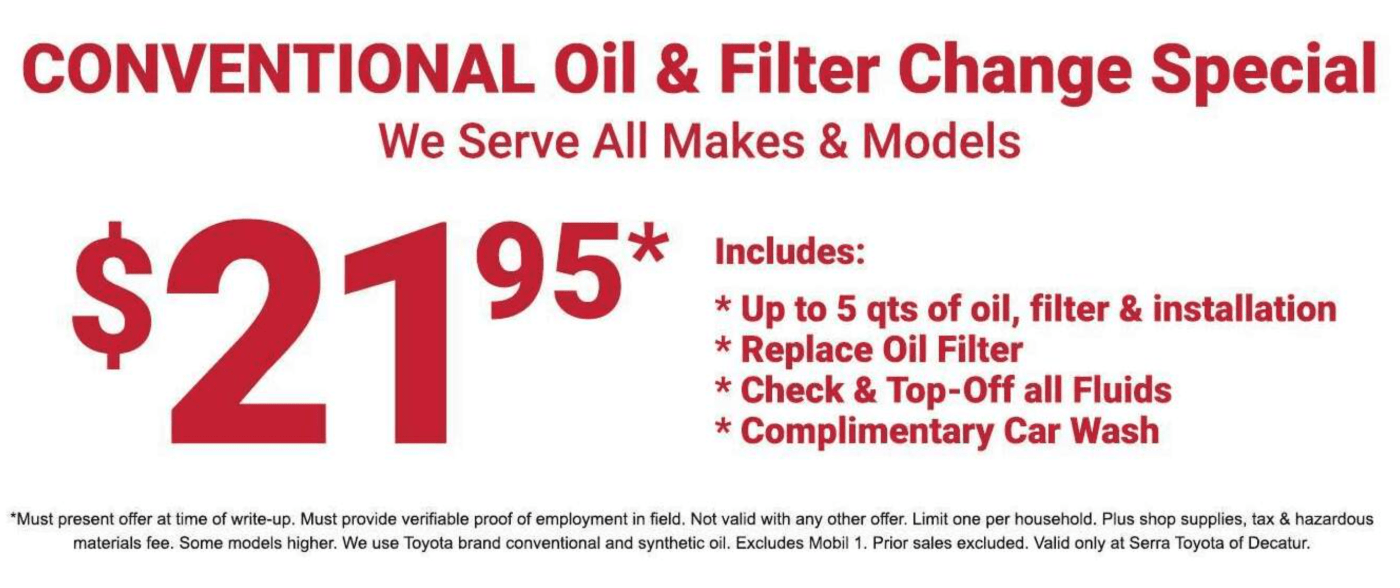 serra toyota decatur oil and filter special