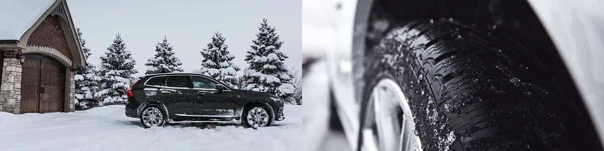 Volvo outside snowy cabin