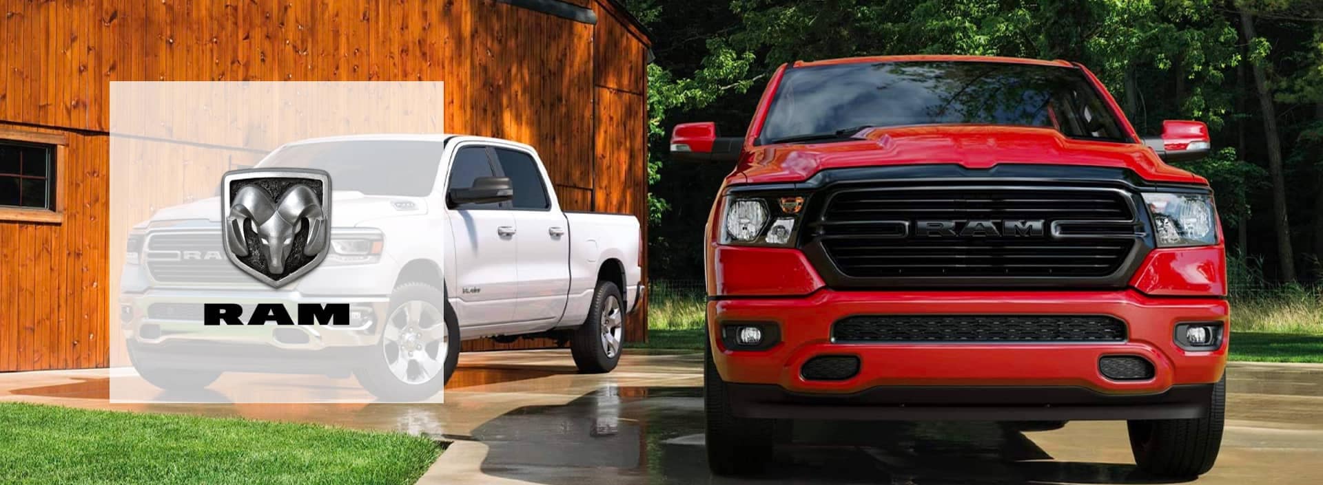 Front view of White Ram Truck and Red Ram Truck parked in driveway