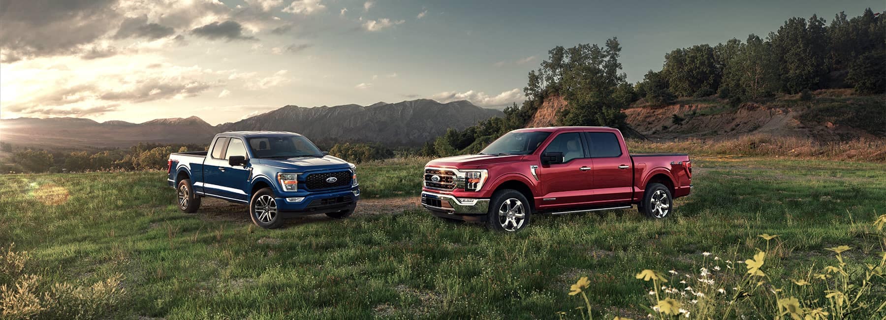 2021 Ford F150 trucks in a mountain valley