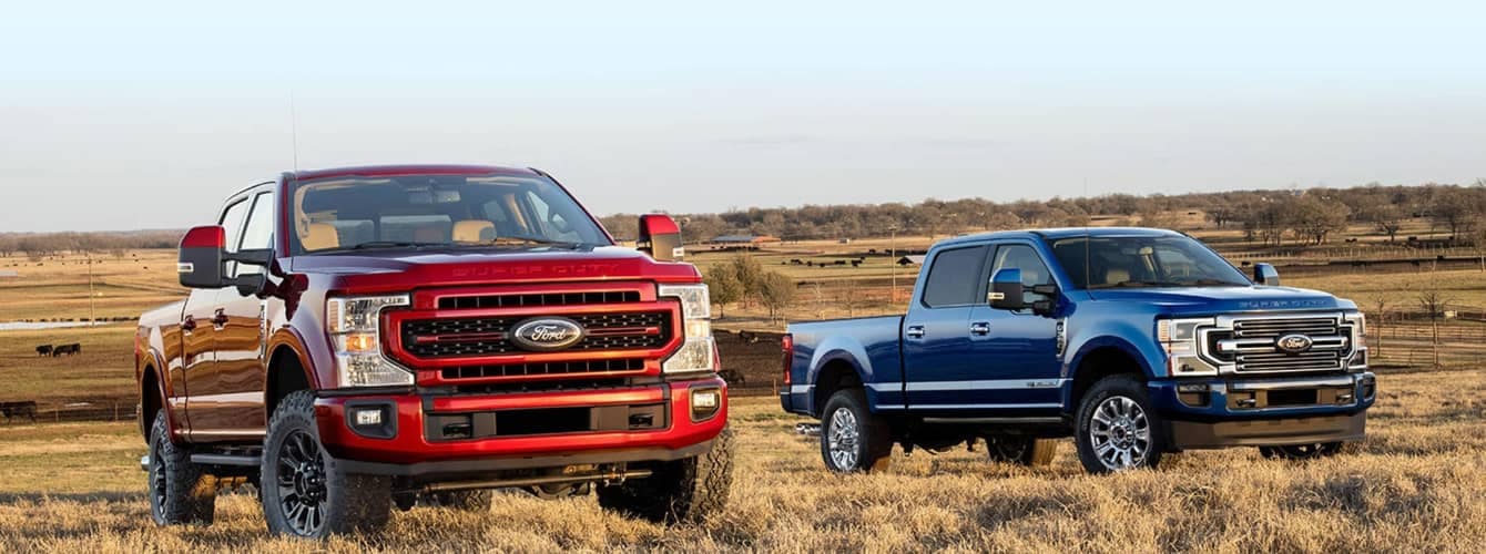 Two Ford trucks parked in a prairie.