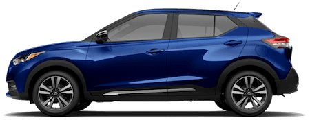Blue Nissan Kicks The side view of a blue 2018 Nissan Kicks
