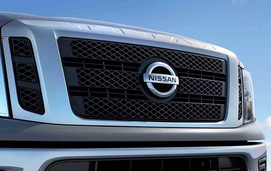 Close up view of a 2019 Nissan Titan's grille.