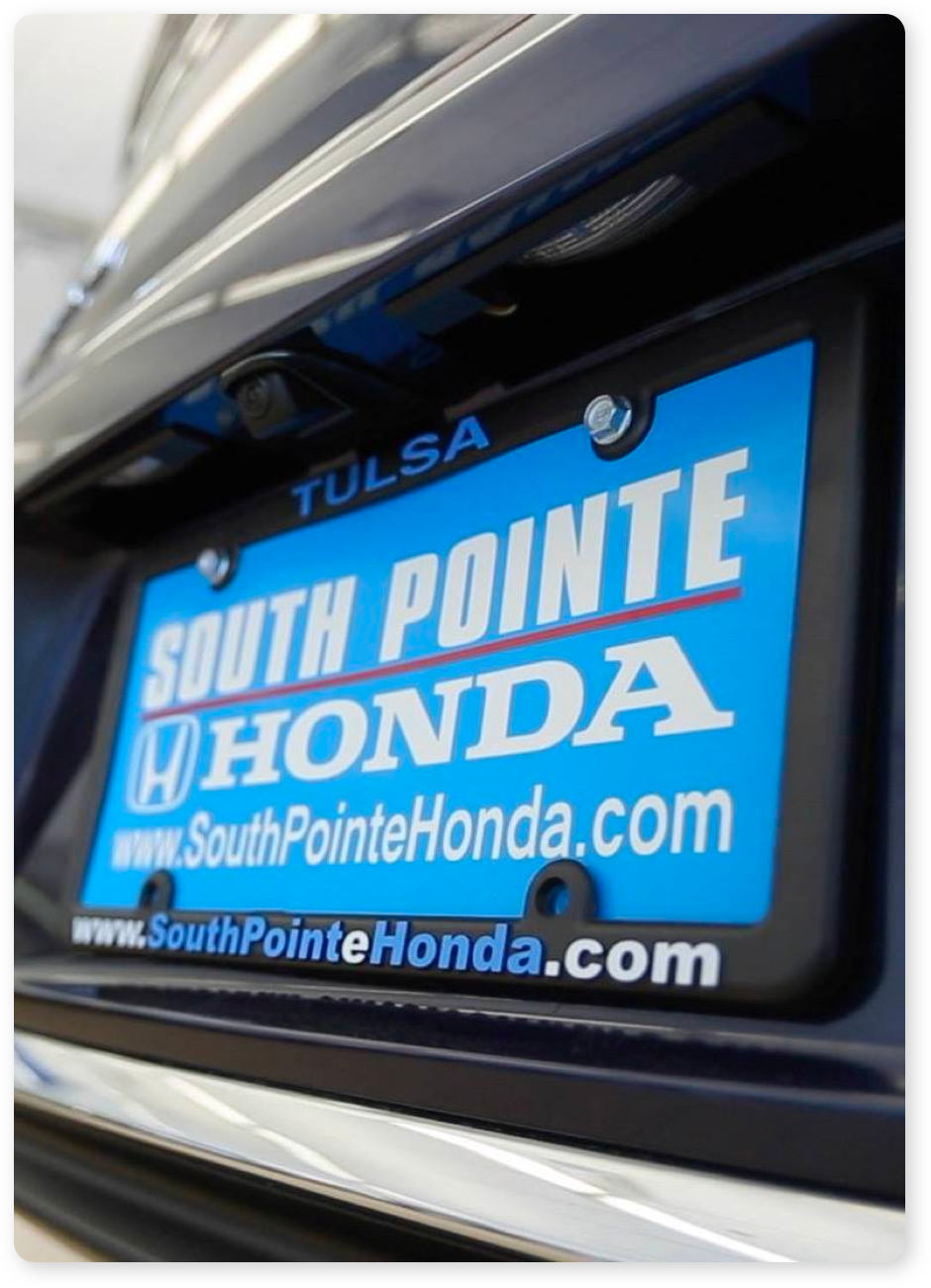 close up of South Pointe Honda license plate