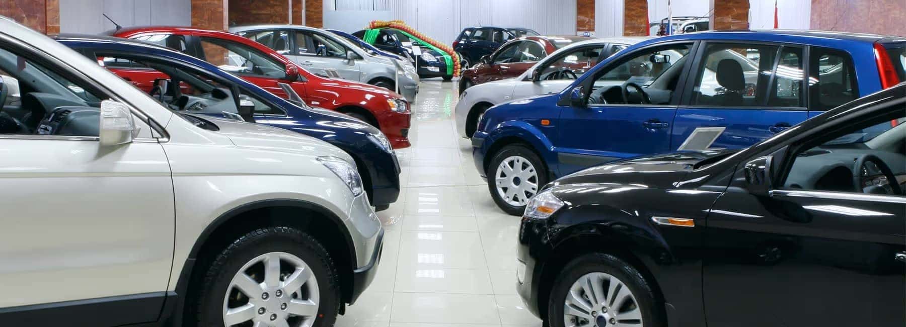 Cars-are-lined-up-in-a-showroom-facing-each-other
