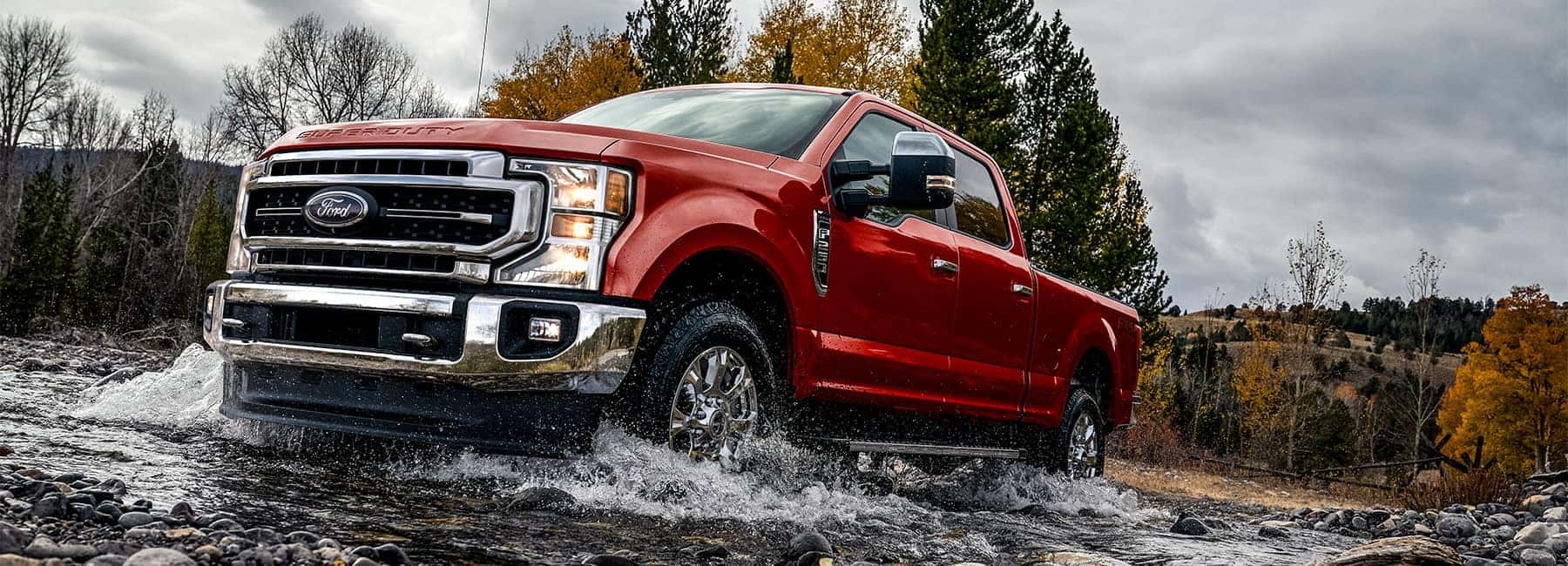 Red 2022 Ford Super Duty on a rocky pass
