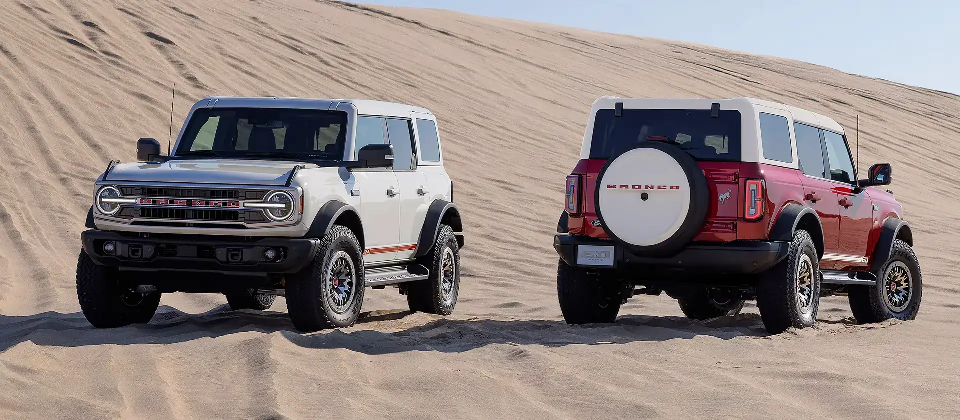 2026 Ford Bronco Front and Rear View parked in the desert sand dunes
