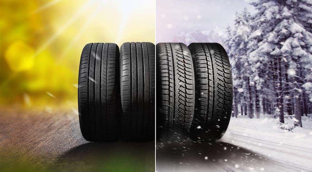 Four tires are shown with the left two having a summer background and the right two having a winter background.