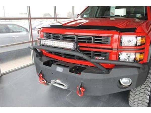 dungeon-garage-slider-19-mobile Custom Grill with towing cable of a red chevy truck