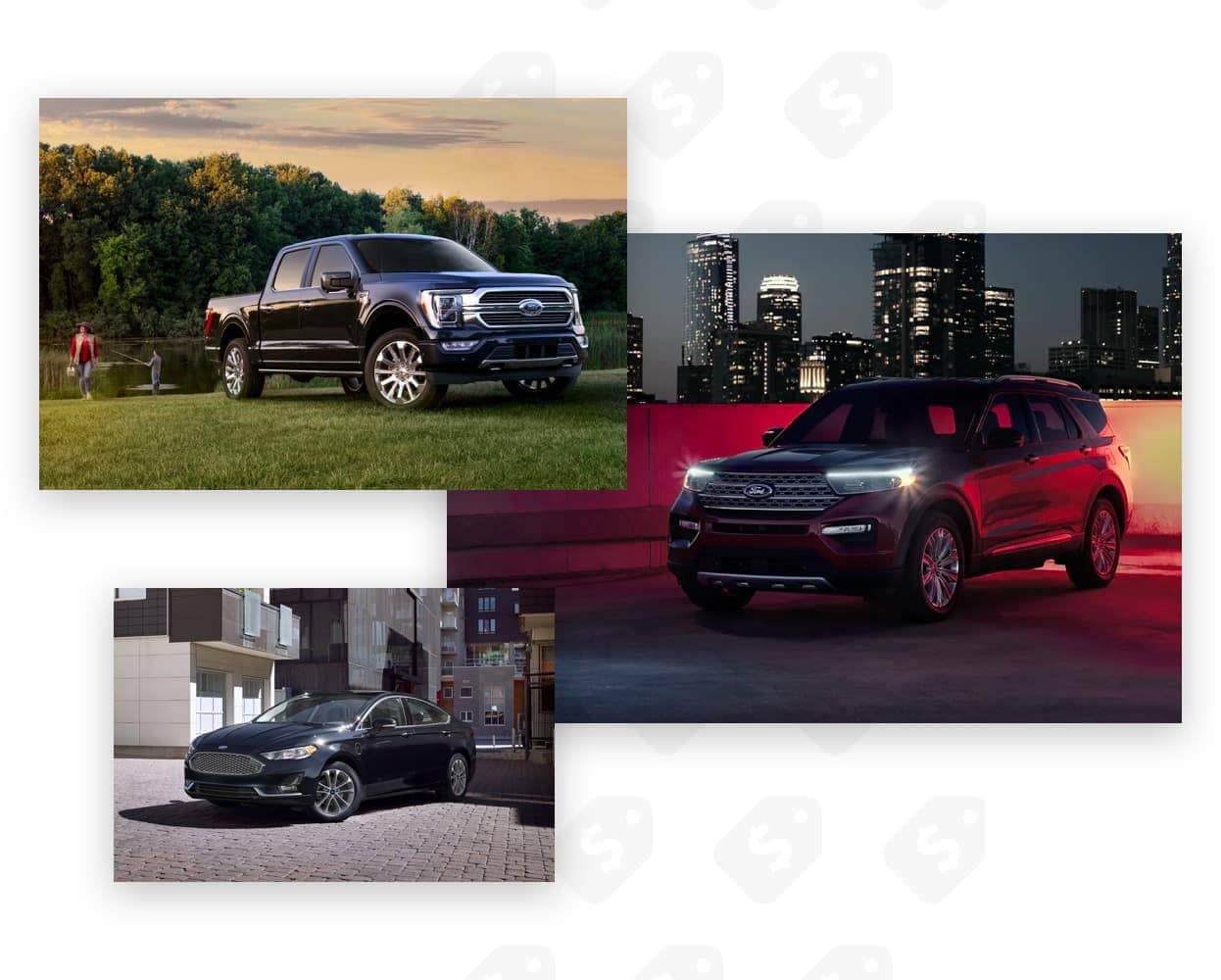 Picture Gallery made up of 3 different Ford Vehicles. Truck, SUV and Sedan. 