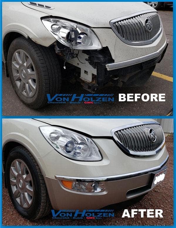 Before and after photo of body work done on a car
