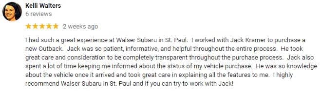 Kelli Walters Subaru Pre-Order Customer Testimonial with 5 star Google Review near Bloomington, MN