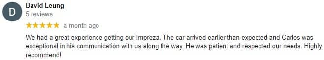 David Leung 5 star review on Subaru Preorder with Walser Subaru St. Paul near Hudson, WI