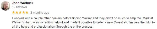 John Warbuck's 5 star Google rating for his experience with Walser Subaru St. Paul's custom order process
