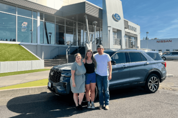 A group of people standing in front of a car