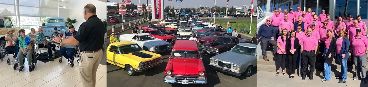 A man talking to several people. A group of Ranchero cars. A light blue Ford with 3 men and 2 children holding skateboards.