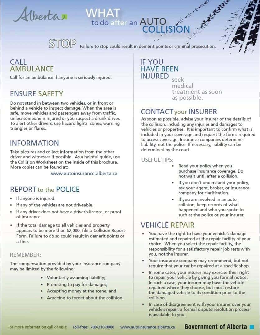 info-graphic from the Alberta Government for tips on what to do after a collision
