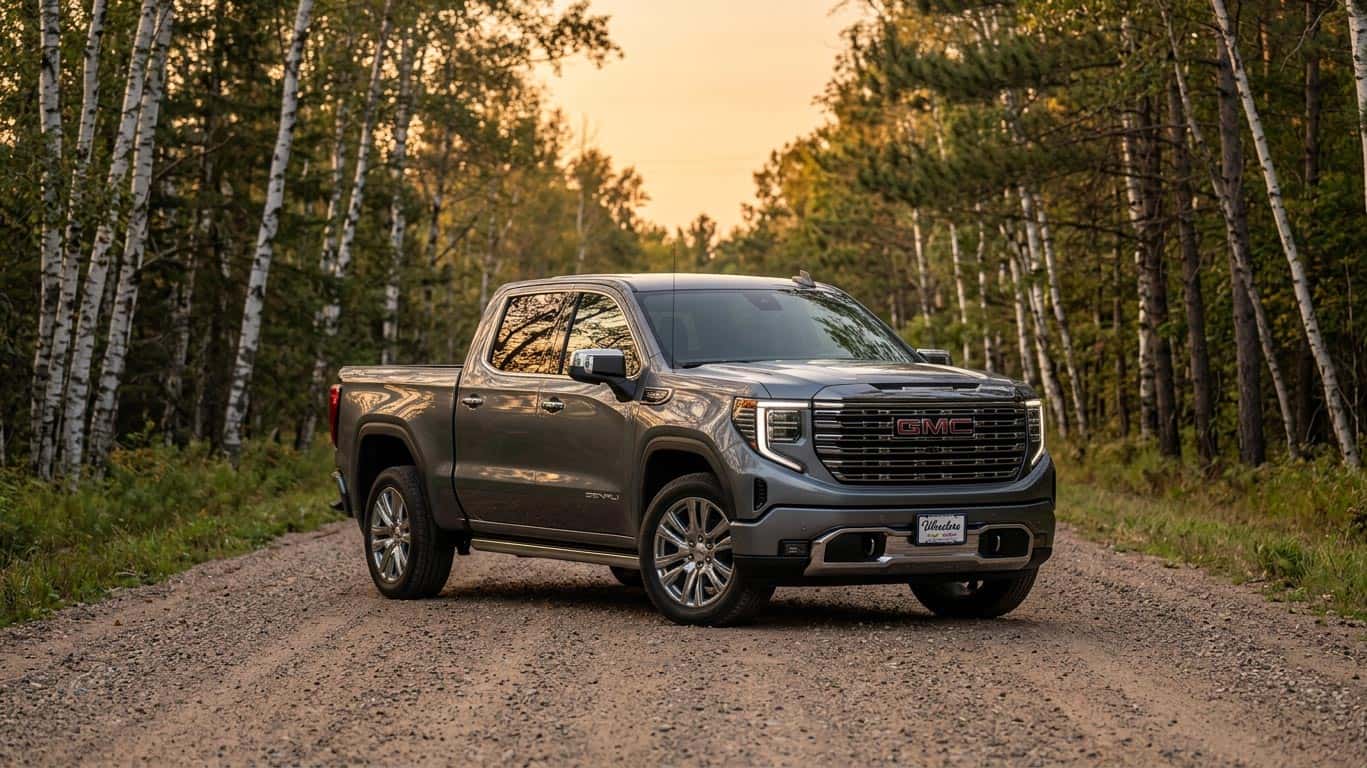 Clean late-model GMC Sierra parked on a gravel backcountry road in Central Wisconsin with birch and pine treeline in the background