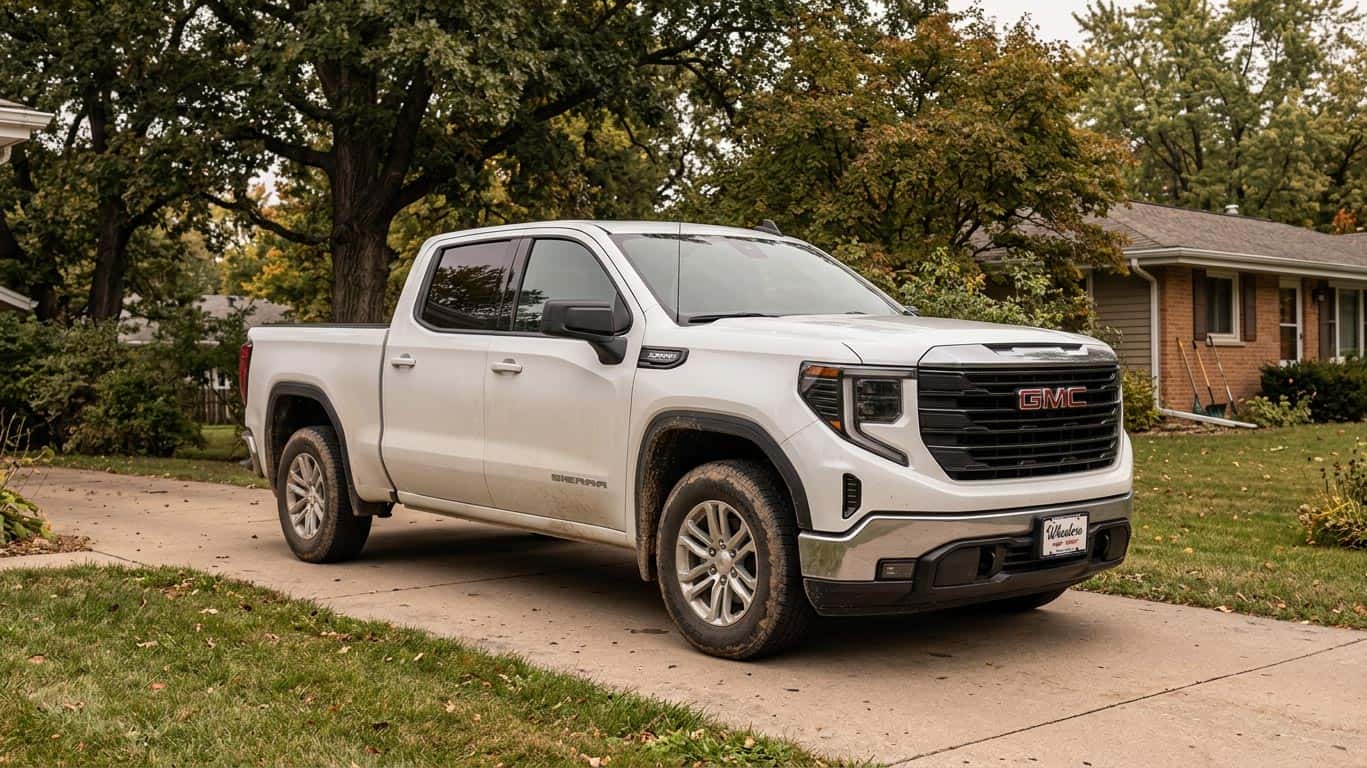 Well-used GMC pickup truck parked on a residential Wisconsin driveway with mature trees and a modest house soft in the background in early morning light