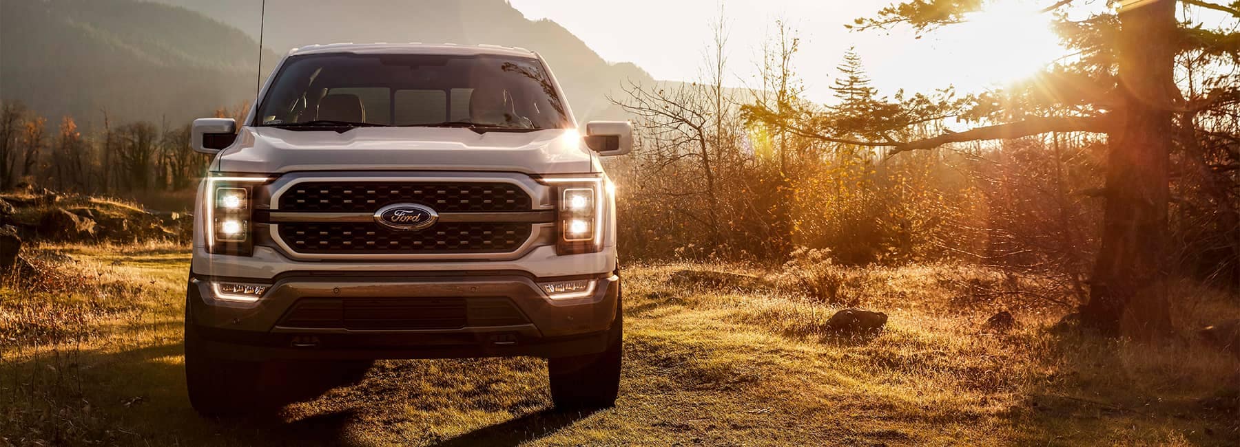 A silver 2021 Ford F150 parked in on a wooded trail at sunset